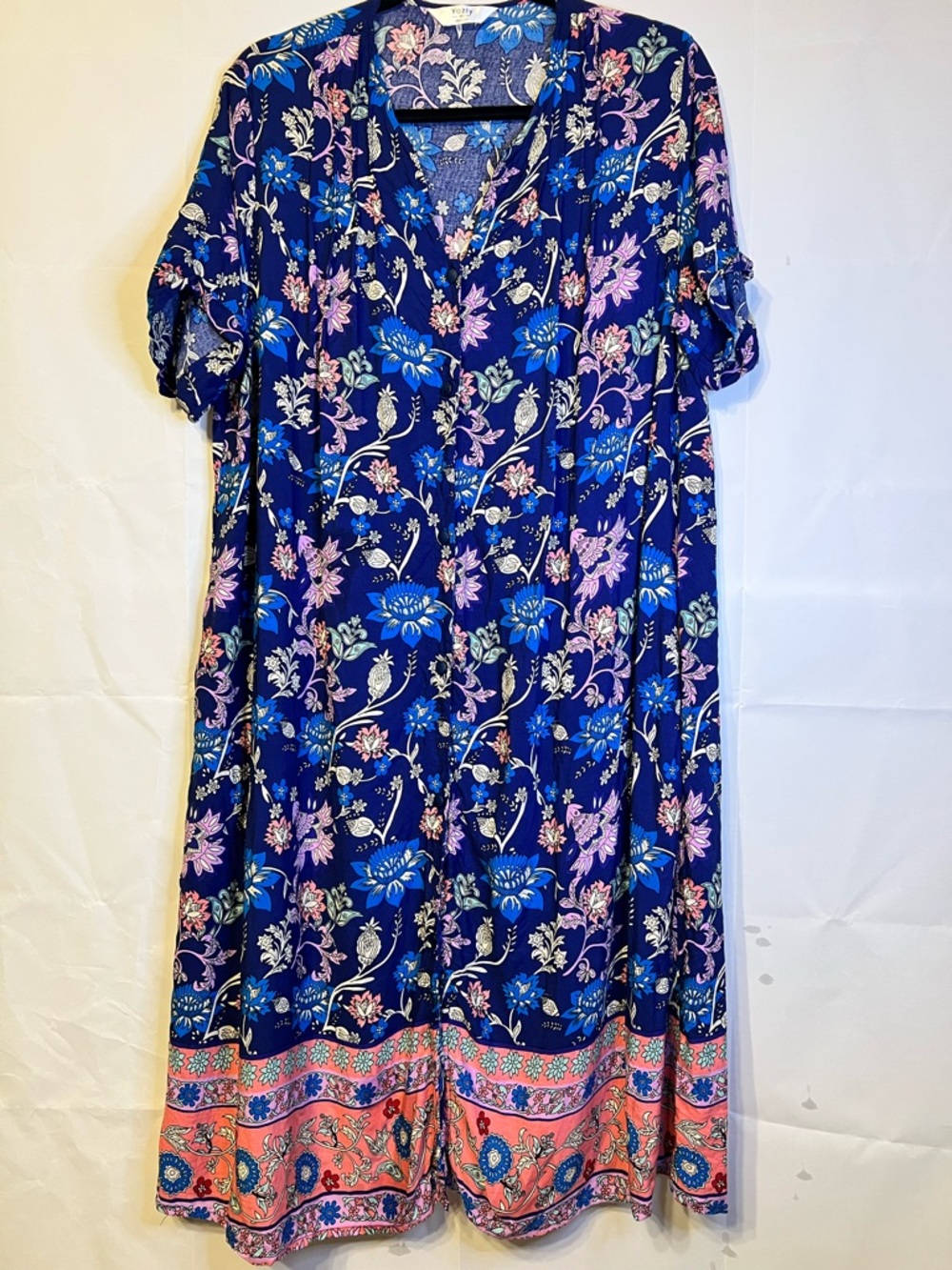 Yozly Boho Floral Housedress Muumuu Duster Vibrant Navy Blue Pink Floral XXL